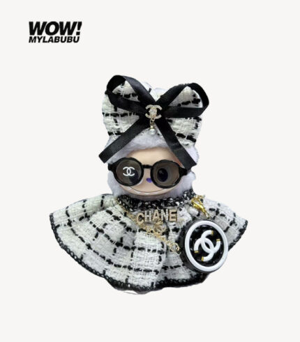 MINI Labubu Outifits Chanel White checkered pattern dress